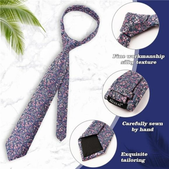 mens floral tie and pocket square set wedding business formal suit accessories - Picture 4 of 7